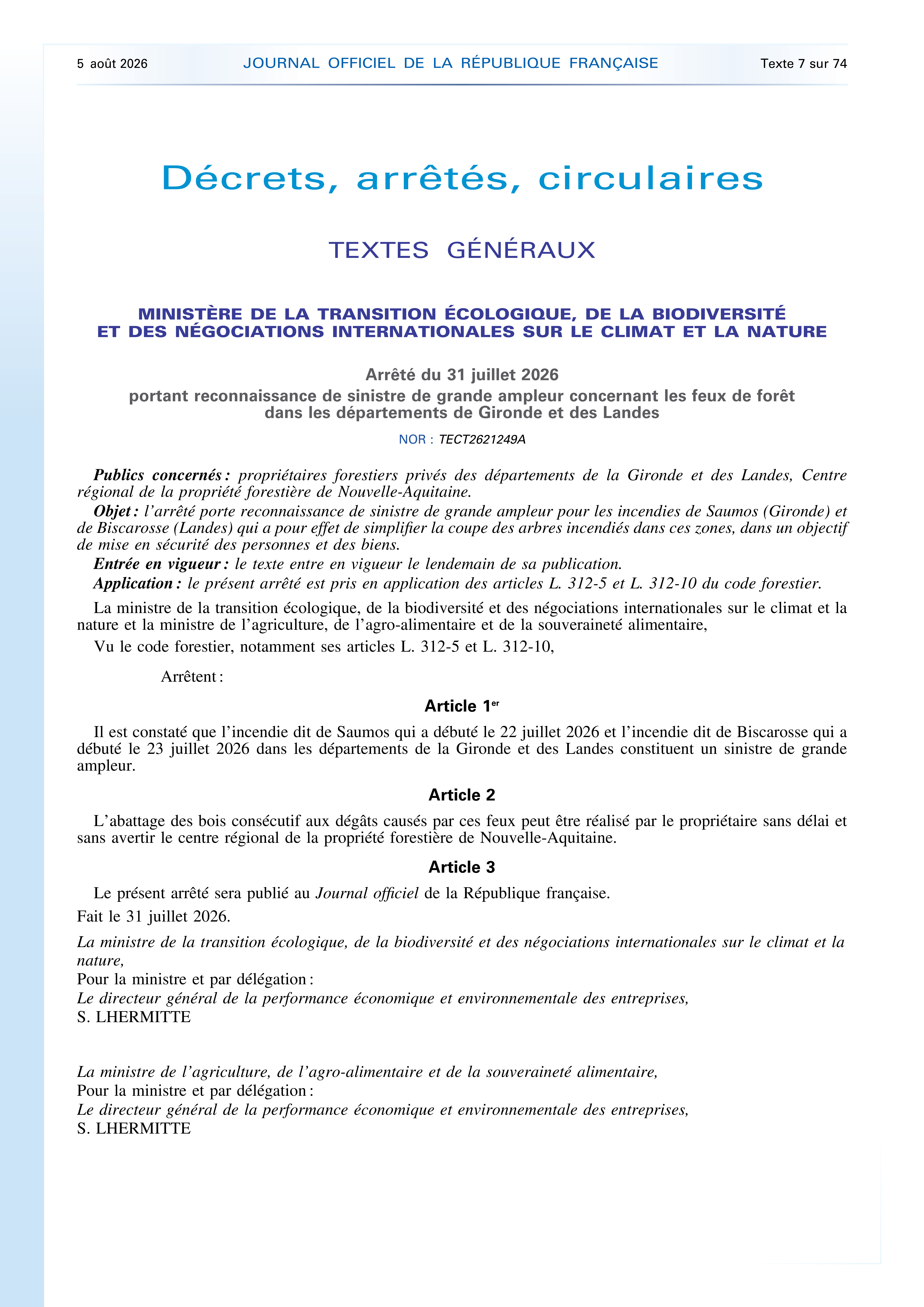 Arrêté du 31 juillet 2026