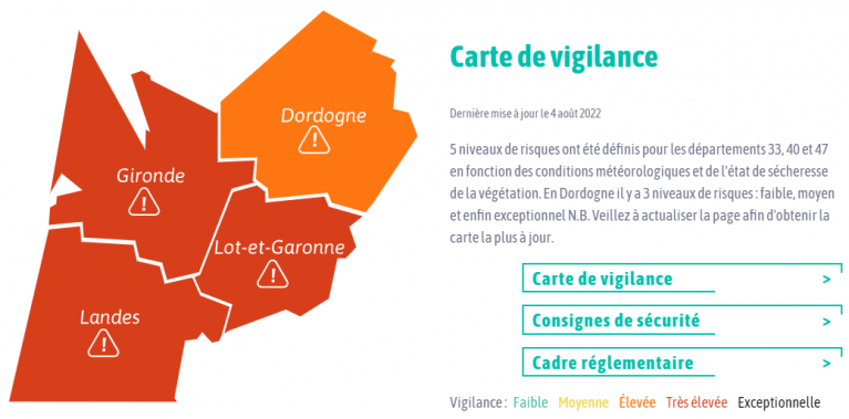 Carte de vigilance pour le risque feux de forêt en Aquitaine