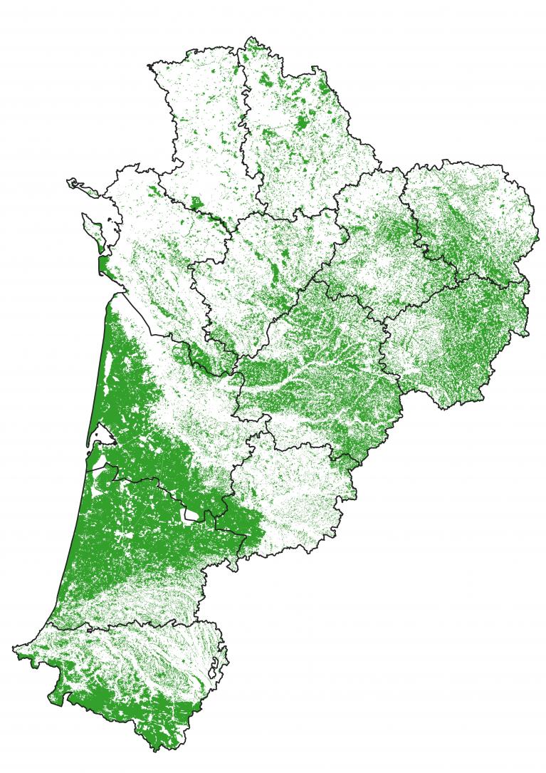 Carte des massifs forestiers en Nouvelle-Aquitaine